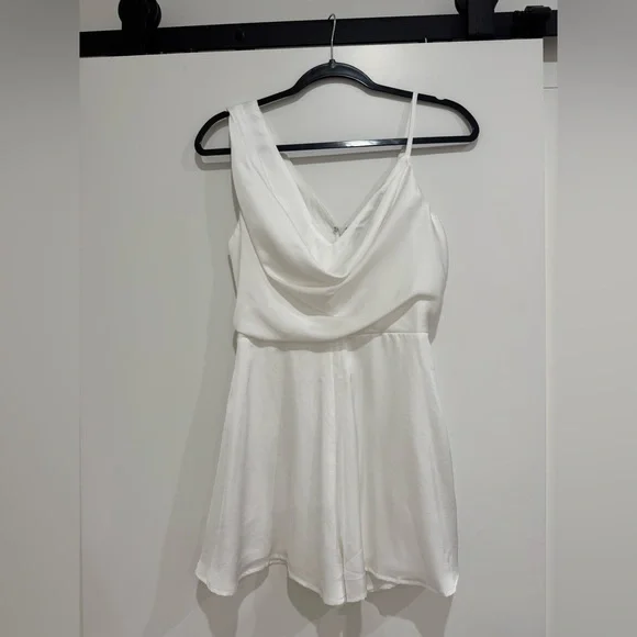Lulus Likely Lover Ivory Satin Asymmetrical Cowl Neck Romper - Picture 5 of 7